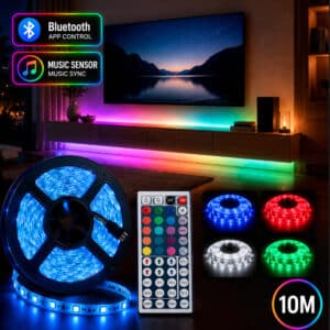 LED Strip lyskæde 10 meter m/Bluetooth, musiksensor og fjernbetjening